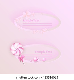 Frames, banners. Pink Lollipop, Candy, bow, beads, shamrocks of clover. Vector.