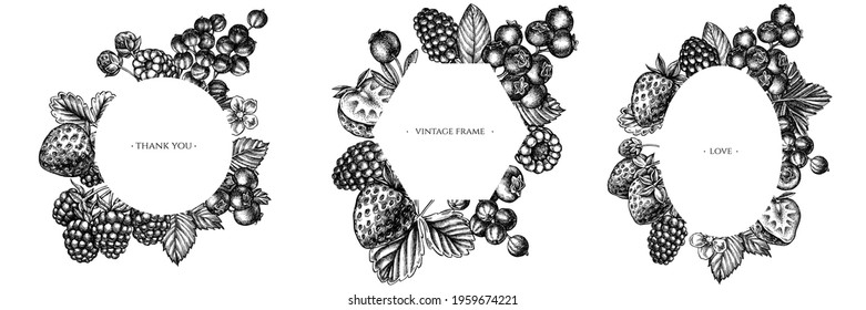 Frames with black and white strawberry, blueberry, red currant, raspberry, blackberry