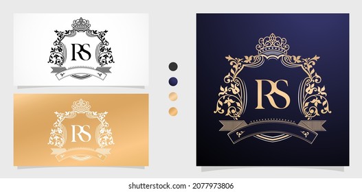 Frames Border of floral designs with two variation color RS or SR royal emblem with crown, initial letter and graphic name , RS or SR Monogram, for insignia, initial letter frames, wedding couple name