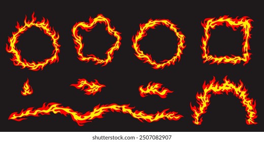 Frames, border made of flames in cartoon style. Set of burning round, square frames and elements from a red yellow flame. background. Vector illustration of flaming rings, arches and stripes.