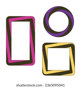 Frames, border Set. Swirl effect illusion, doodle line strokes, bright 80s - 90s colours. Circle wreath, square, rectangle geometric shapes. Empty frame for text space. Vector illustration