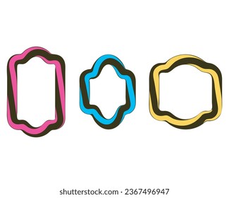 Frames, border Set. Swirl effect illusion, doodle line strokes, bright 80s - 90s colours. Labels of different geometric shapes. Empty frame for text space. Vector illustration