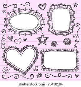 Frames and Borders Hand-Drawn Sketchy Ornamental Notebook Doodles Picture Frame Set- Vector Illustration Design Elements on Lined Sketchbook Paper Background