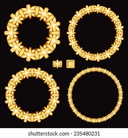 Frames and borders made of golden chains on a black background. Vector illustration with included elements for creating similar frames or borders