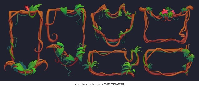 Frames and borders made of liana twisted and tangled branch with green leaves. Cartoon vector rain forest tree stem in rectangular and circular shape. Jungle climbing plant vine for game ui design.