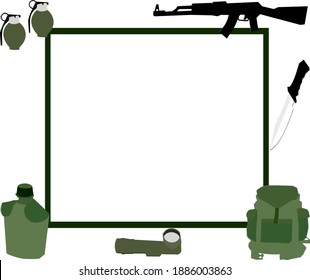 Frames, borders, Military backpack, rifle and ammunition Water bottle flashlight grenade knife vector cartoon illustration military equipment