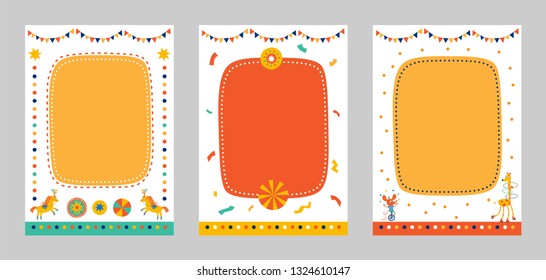 Frames, borders set for baby's photo album, invitation, or postcard with cute circus elements in cartoon style and horse, mouse on bike, giraffe, balls, garland. Vector illustration