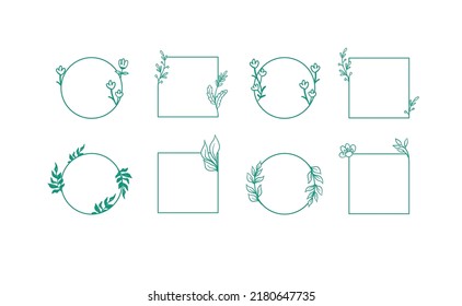 Marcos con decoración de doodle botánico. Ramas de hoja simples y elegantes círculos y cuadrados. Diseño floral romántico. Ilustración vectorial.