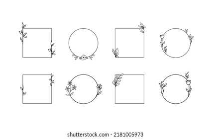 Frames with botanical doodle decoration. Leaf branches simple and elegant circles and squares. Romantic floral design. Vector illustration.