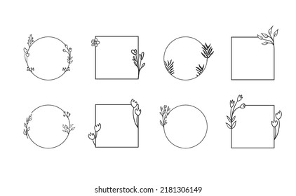 Frames with botanical doodle decoration. Leaf branches simple and elegant circles and squares. Romantic floral design. Vector illustration.