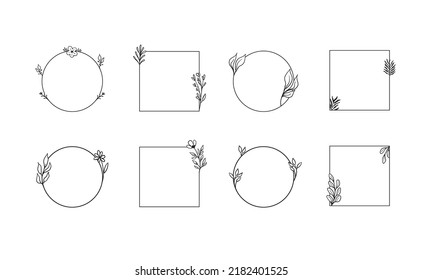 Frames with botanical doodle decoration. Leaf branches simple and elegant circles and squares. Romantic floral design. Vector illustration.