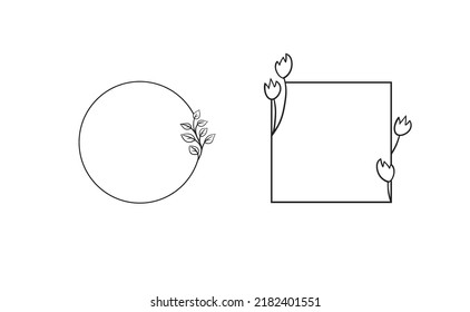 Frames with botanical doodle decoration. Leaf branches simple and elegant circles and squares. Romantic floral design. Vector illustration.