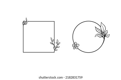 Frames with botanical doodle decoration. Leaf branches simple and elegant circles and squares. Romantic floral design. Vector illustration.