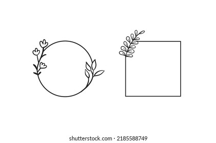 Frames with botanical doodle decoration. Leaf branches simple and elegant circles and squares. Romantic floral design. Vector illustration.