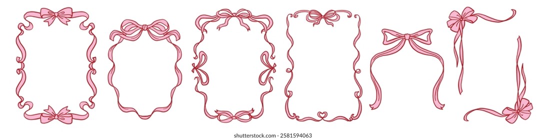 Frames with bow and ribbons. Hand drawn pink coquette borders for wedding invitation, Valentine's day. Whimsical frames for birthday card, menu design and holiday graphic decoration.