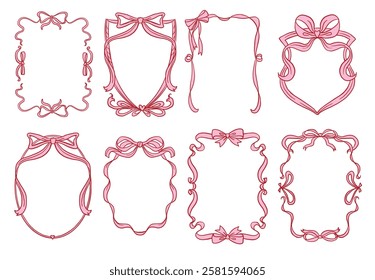 Frames with bow and ribbons. Hand drawn pink coquette borders for wedding invitation, Valentine's day. Whimsical frames for birthday card, menu design and holiday graphic decoration.