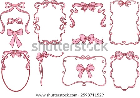 Frames with bow and ribbons. Hand drawn pink coquette borders for wedding invitation, Valentine's day. Whimsical frames for birthday card, menu design and holiday graphic decoration.