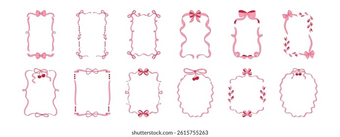 Frames with bow and ribbons. Wavy borders with bows. Coquette style. Hand drawn design elements for Valentine's day, birthday, greeting cards, invitations