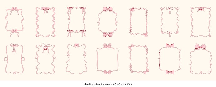 Frames with bows. Wavy borders with bows. Elegant coquette style. Hand drawn design elements for Valentine's day, birthday, greeting cards, invitations