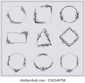 Frames with branches and flowers set. Sketches of elegant borders with blossoms, floral laurel wreathes, geometric shapes with delicate hand drawn lines. Can be used for wedding ornament design