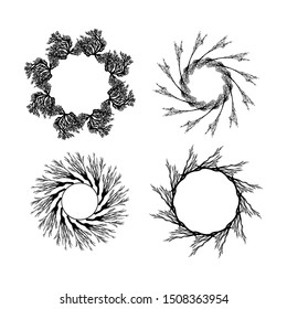 Frames from the branches. Halloween set of hand drawn design elements. Black and white vector isolated illustration.