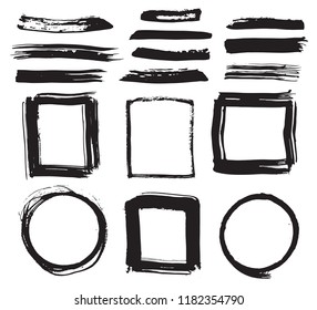 Frames and Brush strokes, grunge textured hand drawn elements set, vector illustration.