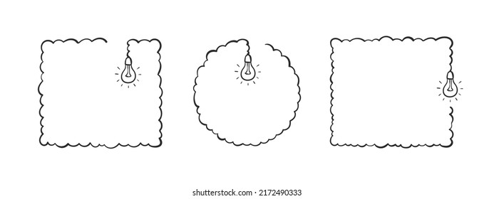 Frames with bulbs. Frames sketch. Hand-drawn frames with light bulbs. Vector illustration