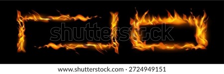 Frames with burning fire and tongues of flame. Vector realistic isolates set of borders or lines with blaze and sparks, ignition flashes. Rectangular shape with copy space, typography design