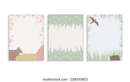  frames with bushes, grass, wolf, bird