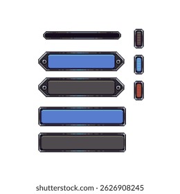 Quadros, botão, interface pixel art design elemento para aplicativo móvel e web. Objeto de faixa para o design de seu conceito, convite, cartão de saudação, cartaz, moldura de foto. Recursos de videogames. Vetor isolado.