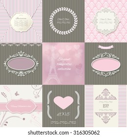 Frames, cards, patterns. Romantic girly design templates.