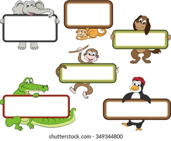 Frames and Cartoon Animals. Blank labels held by cute animal cartoon figures. Smiling elephant, cat, dog, monkey, alligator, penguin. Each cartoon character is on a separate layer.