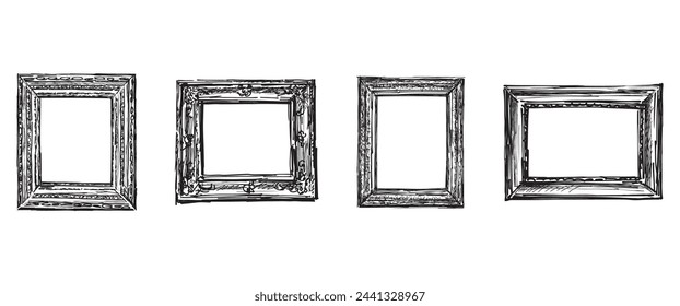 Frames carved wooden vintage style, four, doodle, sketches, vector hand drawing isolated on white