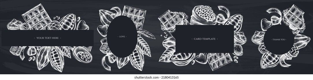 Frames with chalk cocoa beans, cocoa, chocolate, chocolate candies