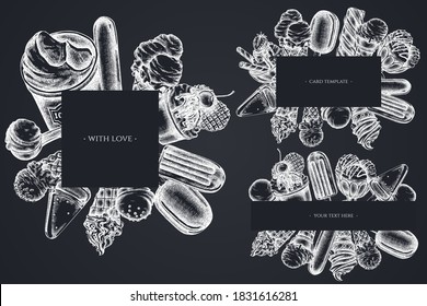 Frames with chalk ice cream bowls, ice cream bucket, popsicle ice cream, ice cream cones