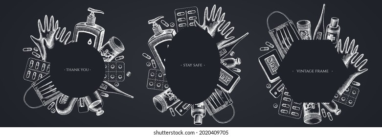 Frames with chalk pills and medicines, medical face mask, sanitizer bottles, medical thermometer, coronavirus rapid test, soap, medical gloves