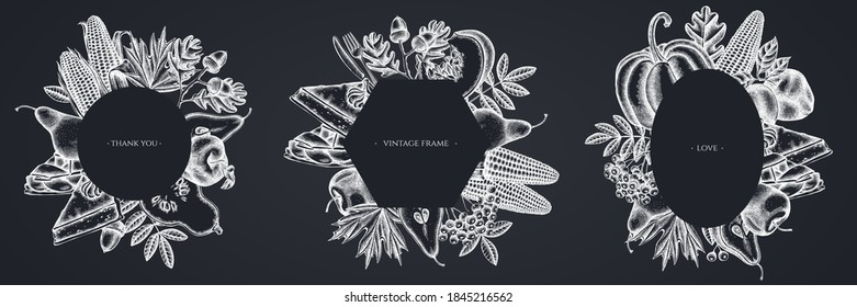 Frames with chalk pumpkin, fork, knife, pears, pumpkin pie, apple pie, corn, apples, rowan, maple, oak