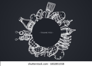 Frames with chalk spatula, Pork ribs, kebab, sausages, steak, sauce bottles, grilled burger patties, grilled tomato, grilled salmon steak, grilled bell pepper