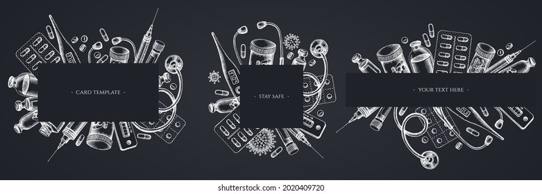 Frames with chalk vial of blood, pills and medicines, medical thermometer, coronavirus rapid test, coronavirus bacteria cell, stethoscope, syringe, vaccine