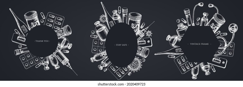Frames with chalk vial of blood, pills and medicines, medical thermometer, coronavirus rapid test, coronavirus bacteria cell, stethoscope, syringe, vaccine