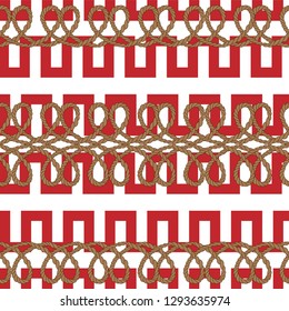 The Frames of Chinese Style with brown rope chain, Geometric in red pattern with rope on white backgriund, Abstract pattern background