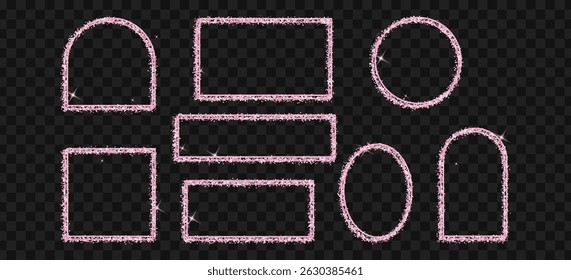 Frames in circular, square, arched, and rectangular shapes. Rose gold border on transparent black background. Vector illustration with golden glitter accents.