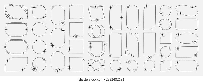 Frames collection with different stars. Minimalistic linear frames, arches, elements, geometric shapes and lines. Aesthetic frames for poster design, vector set in modern style.