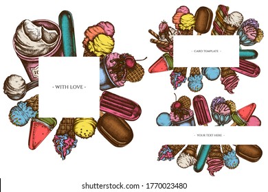 Marcos con cuencos de helados de colores, cubeta de helados, helado de palmitas,