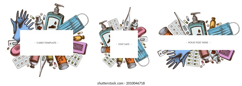 Frames with colored pills and medicines, medical face mask, sanitizer bottles, medical thermometer, coronavirus rapid test, soap, medical gloves