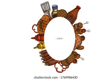 Frames with colored spatula, Pork ribs, kebab, sausages, steak, sauce bottles, grilled burger patties, grilled tomato, grilled salmon steak, grilled bell pepper