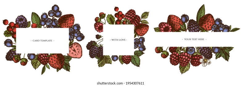 Frames with colored strawberry, blueberry, red currant, raspberry, blackberry
