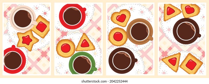 frames with cookies of different shapes and cups of coffee on a napkin wall art vector set - for wall framed prints, canvas prints, poster, home decor