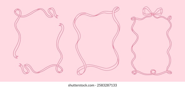 Frames of coquette pretty charming pink bows and hearts. Hand drawn trendy ribbons border. Vintage bowknots frame for greeting cards, wedding, invitations, social media