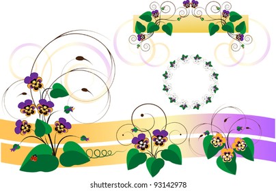 Frames, corners, bouquets of violets-pansy. Details.
